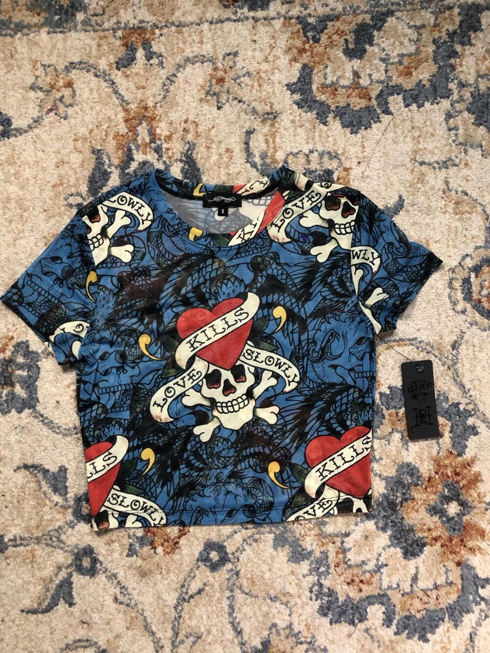 Ed Hardy Shirt Womens Small Blue Mesh Cropped Love Kills Slowly Skull Tee